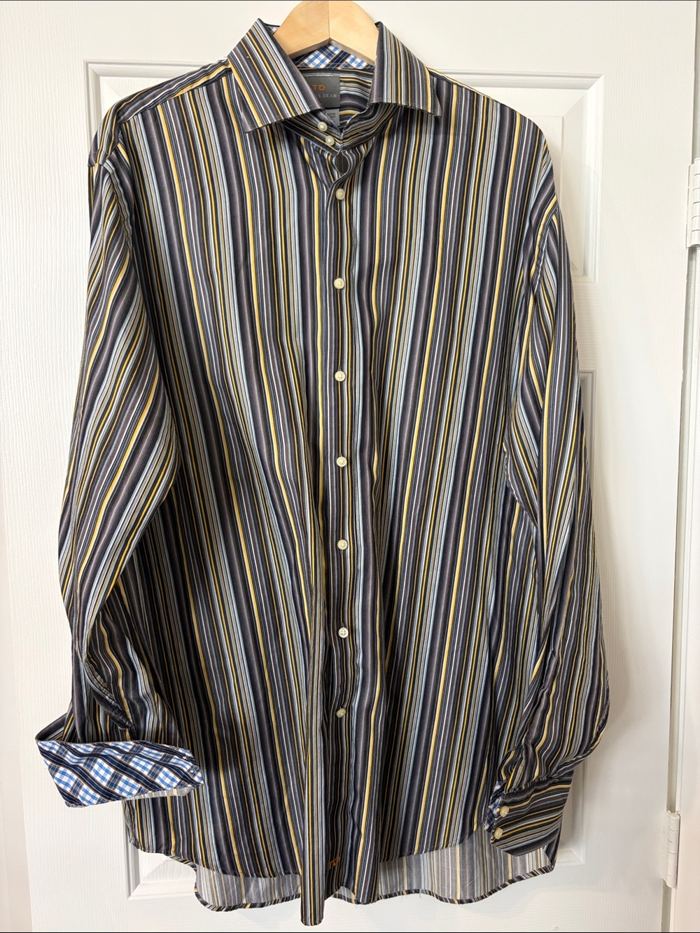 Thomas Dean Striped Button-Up Dress Shirt in Black, Yellow & Gray